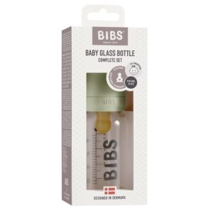 BIBS Baby Glass Bottle. Anti-Colic. Round Natural Rubber Latex Nipple. Supports Natural Breastfeeding, Complete Set - 110 ml, Sage