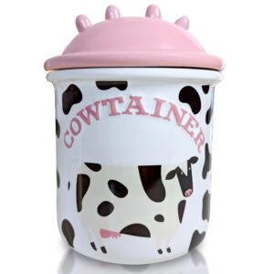 cow cookie jar for kitchen counter airtight lids - cute ceramic cow gifts for cow lovers - non scratch cow print stuff gifts for women - food storage containers cow decor for christmas (large 8" x 6")