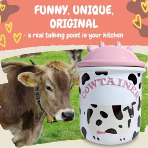 Cow Cookie Jar for Kitchen Counter Airtight Lids - Cute Ceramic Cow Gifts for Cow Lovers - Non Scratch Cow Print Stuff Gifts for Women - Food Storage Containers Cow Decor For Christmas (Large 8" x 6")