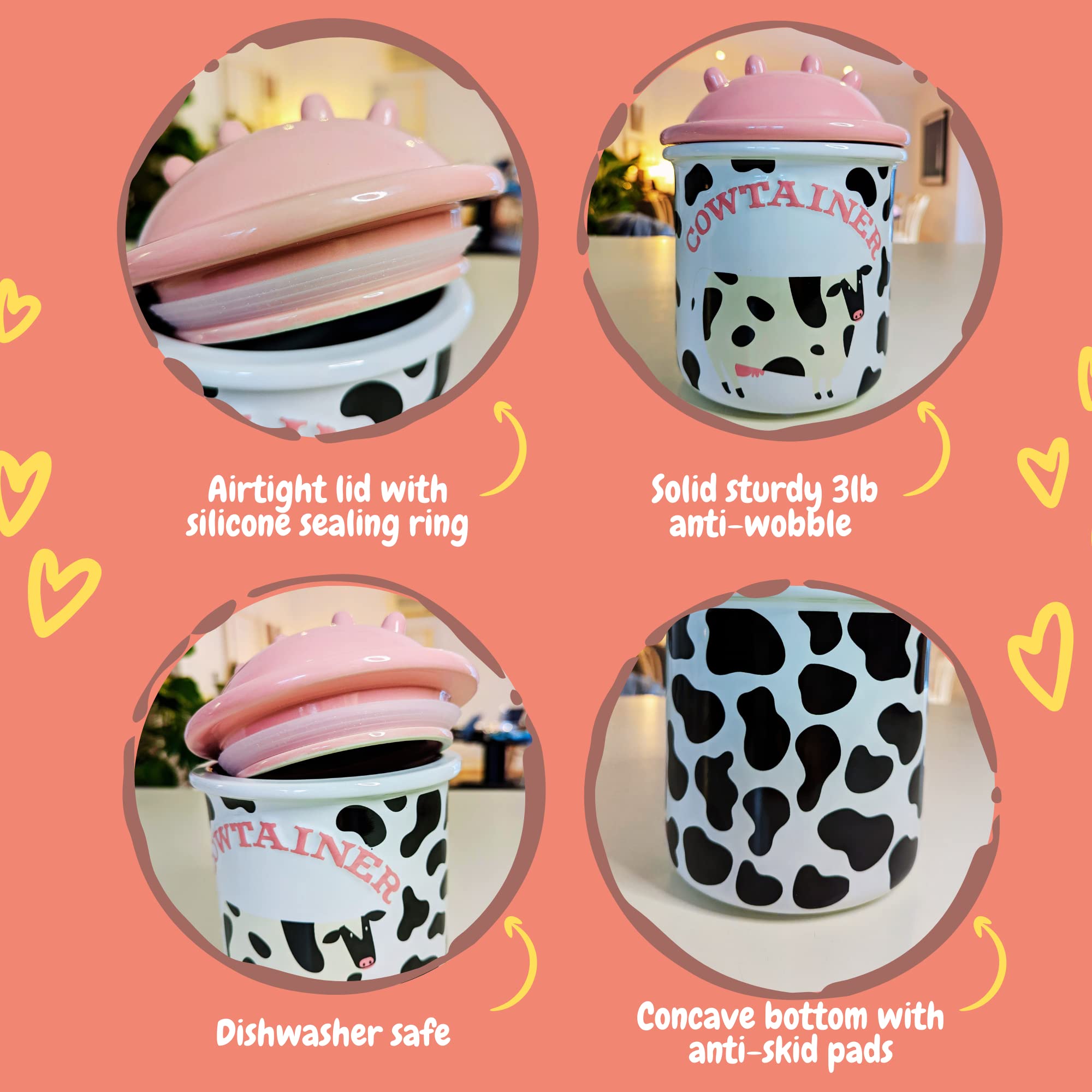 Cow Cookie Jar for Kitchen Counter Airtight Lids - Cute Ceramic Cow Gifts for Cow Lovers - Non Scratch Cow Print Stuff Gifts for Women - Food Storage Containers Cow Decor For Christmas (Large 8" x 6")