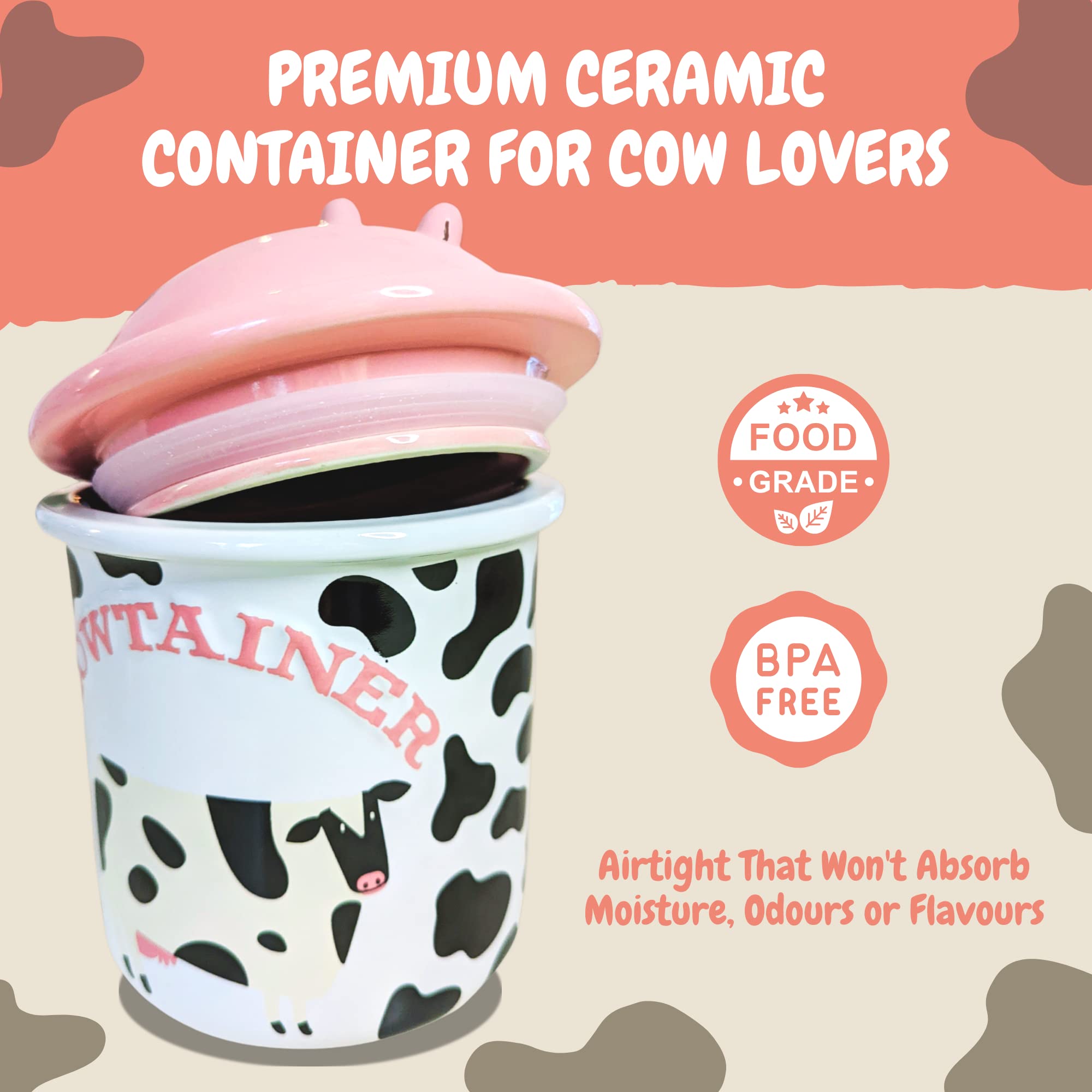 Cow Cookie Jar for Kitchen Counter Airtight Lids - Cute Ceramic Cow Gifts for Cow Lovers - Non Scratch Cow Print Stuff Gifts for Women - Food Storage Containers Cow Decor For Christmas (Large 8" x 6")