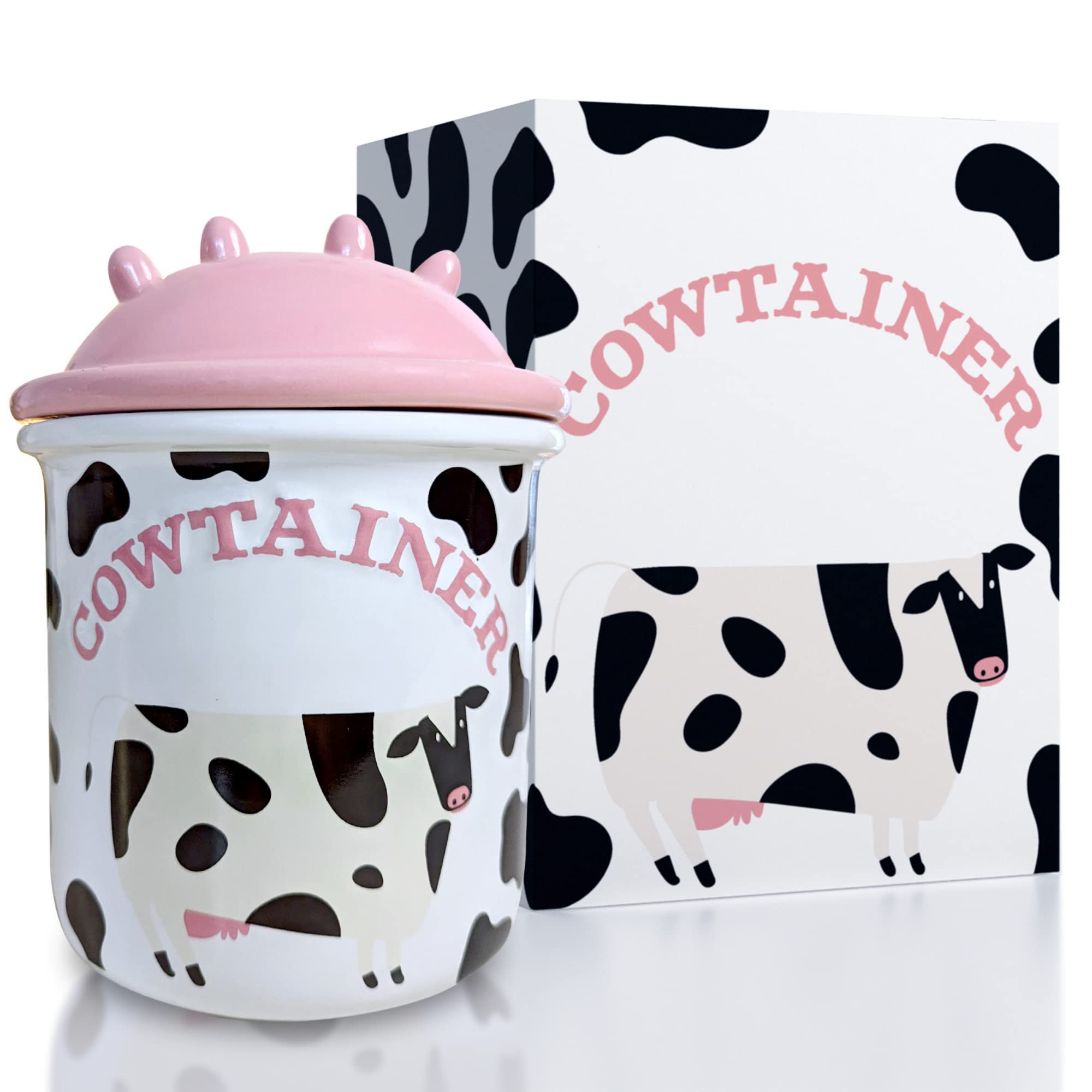 Cow Cookie Jar for Kitchen Counter Airtight Lids - Cute Ceramic Cow Gifts for Cow Lovers - Non Scratch Cow Print Stuff Gifts for Women - Food Storage Containers Cow Decor For Christmas (Large 8" x 6")