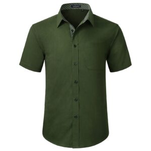 hisdern green dress shirts for men regular fit business casual button down shirts olive green short sleeve mens shirts fashion contrast striped collared shirt