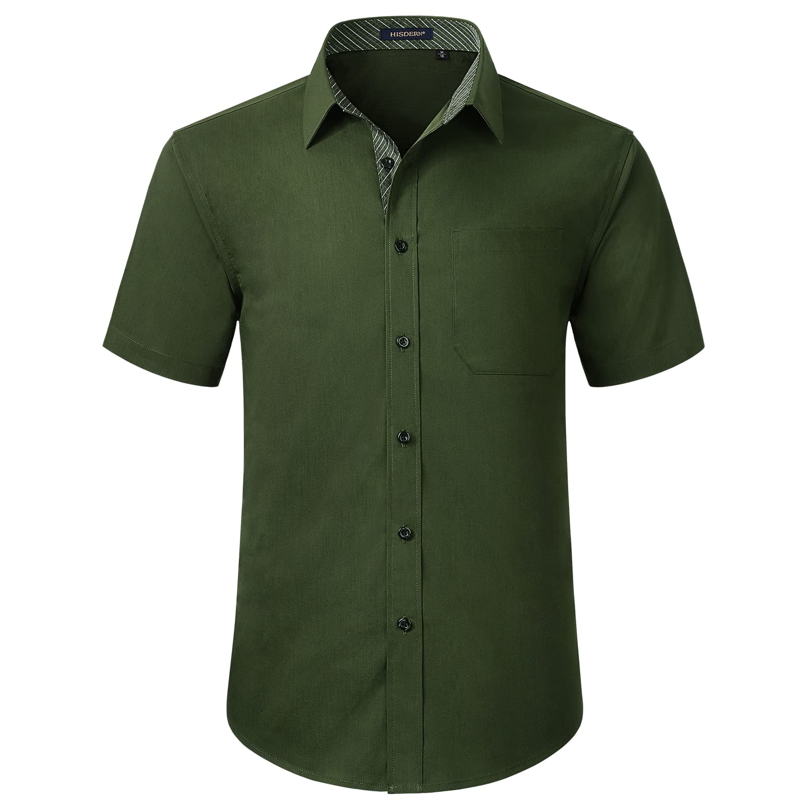 HISDERN Green Dress Shirts for Men Regular Fit Business Casual Button Down Shirts Olive Green Short Sleeve Mens Shirts Fashion Contrast Striped Collared Shirt