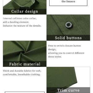 HISDERN Green Dress Shirts for Men Regular Fit Business Casual Button Down Shirts Olive Green Short Sleeve Mens Shirts Fashion Contrast Striped Collared Shirt