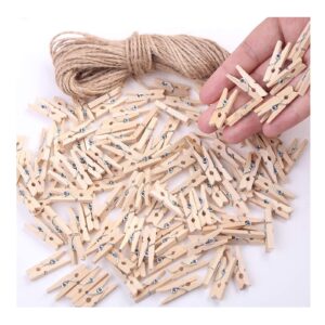 mini clothes pins for photo, small clothespins 200 pcs 1" natural wooden mini clothes pins with jute twine, mini photo clips small clothes pins for photos, crafts, arts, cocktails