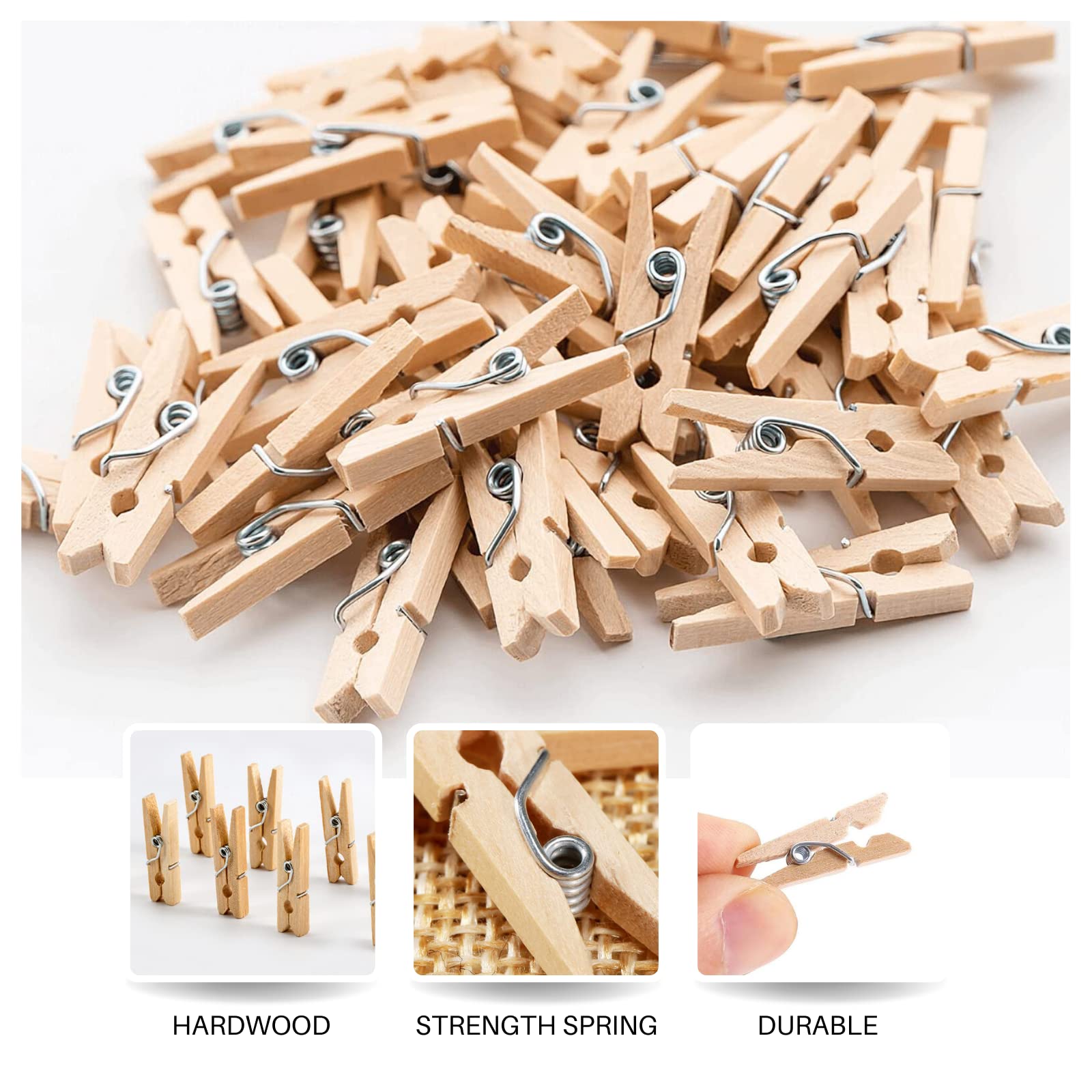 Mini Clothes Pins for Photo, Small Clothespins 200 pcs 1" Natural Wooden Mini Clothes Pins with Jute Twine, Mini Photo Clips Small Clothes Pins for Photos, Crafts, Arts, Cocktails