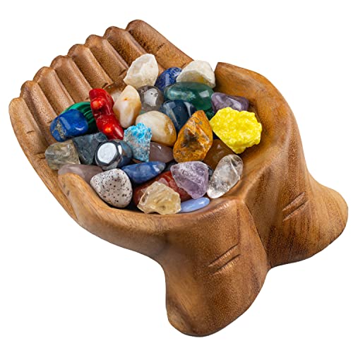 Curawood Carved Hands Offering Bowl - Showcase Your Healing Stones - Crystal Holder for Stones - Key Bowl - Crystal Storage Tray - Decorative Hand Bowl for Rock Display - Crystal Shelf Display Stand