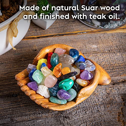 Curawood Carved Hands Offering Bowl - Showcase Your Healing Stones - Crystal Holder for Stones - Key Bowl - Crystal Storage Tray - Decorative Hand Bowl for Rock Display - Crystal Shelf Display Stand