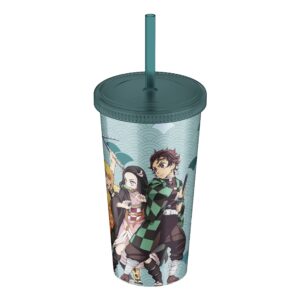 abystyle demon slayer 16 oz. plastic acrylic tumbler carnival cup with reusable straw & leakproof lid bpa-free featuring inosuke, zenitsu, nezuko & tanjiro anime manga drinkware gift