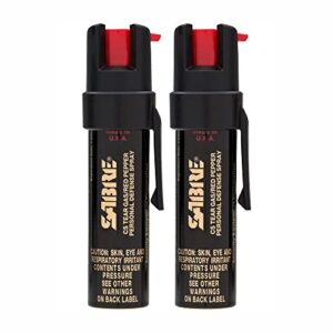 sabre advanced pepper spray for self defense, 3-in-1 formula with maximum strength pepper spray, cs military tear gas, uv marking dye, fast access easy carry belt clip, 35 bursts, 0.67 fl oz, 2 pack