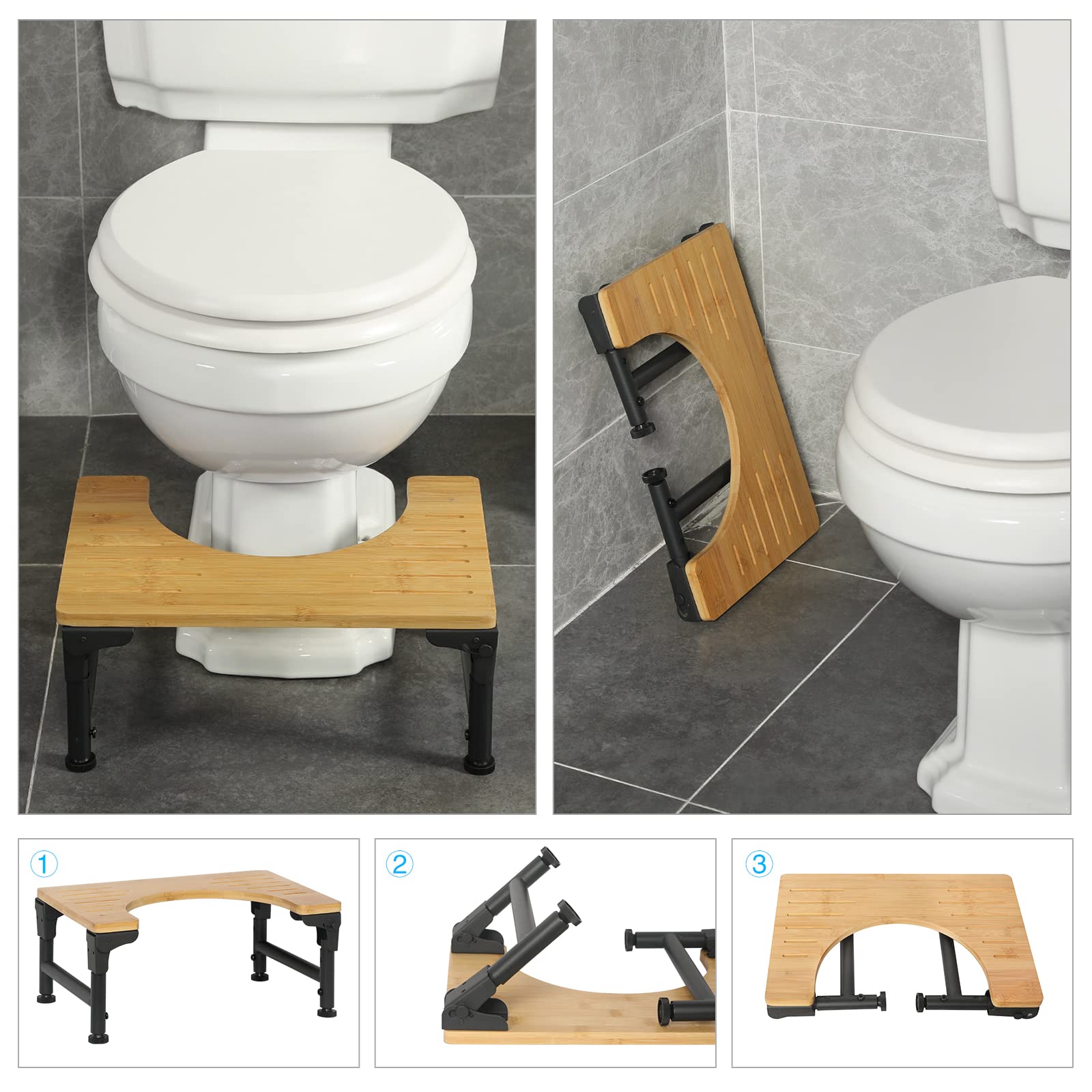 Bamboo Toilet Stool Iron 7''&8''&9'' Adjustable Heights Foldable Iron Toilet Assistance Poop Steps with Non-Slip Layer for Adults Children Pregnant Women Old Bathroom New Upgrade