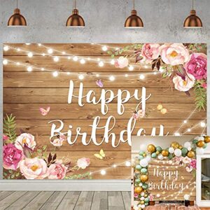 rustic wood floral birthday backdrop spring pink flower wood glitter happy birthday photography background women girl newborn kids adult birthday party wedding decoration photo shoot props 7x5ft