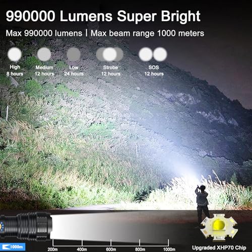 BengMxj Rechargeable LED Flashlights, 990,000 High Lumens Flashlight, XHP70 Tactical Flashlight with Zoomable, 5 Modes, Super Bright Waterproof Flashlights for Emergencies, Camping, Hiking