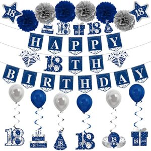 blue silver 18th birthday banner decorations kit for boys, 26pcs eighteen birthday banner party supplies, 18 years old birthday brackdrop decor