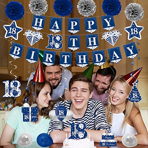 Blue Silver 18th Birthday Banner Decorations Kit for Boys, 26pcs Eighteen Birthday Banner Party Supplies, 18 Years Old Birthday Brackdrop Decor