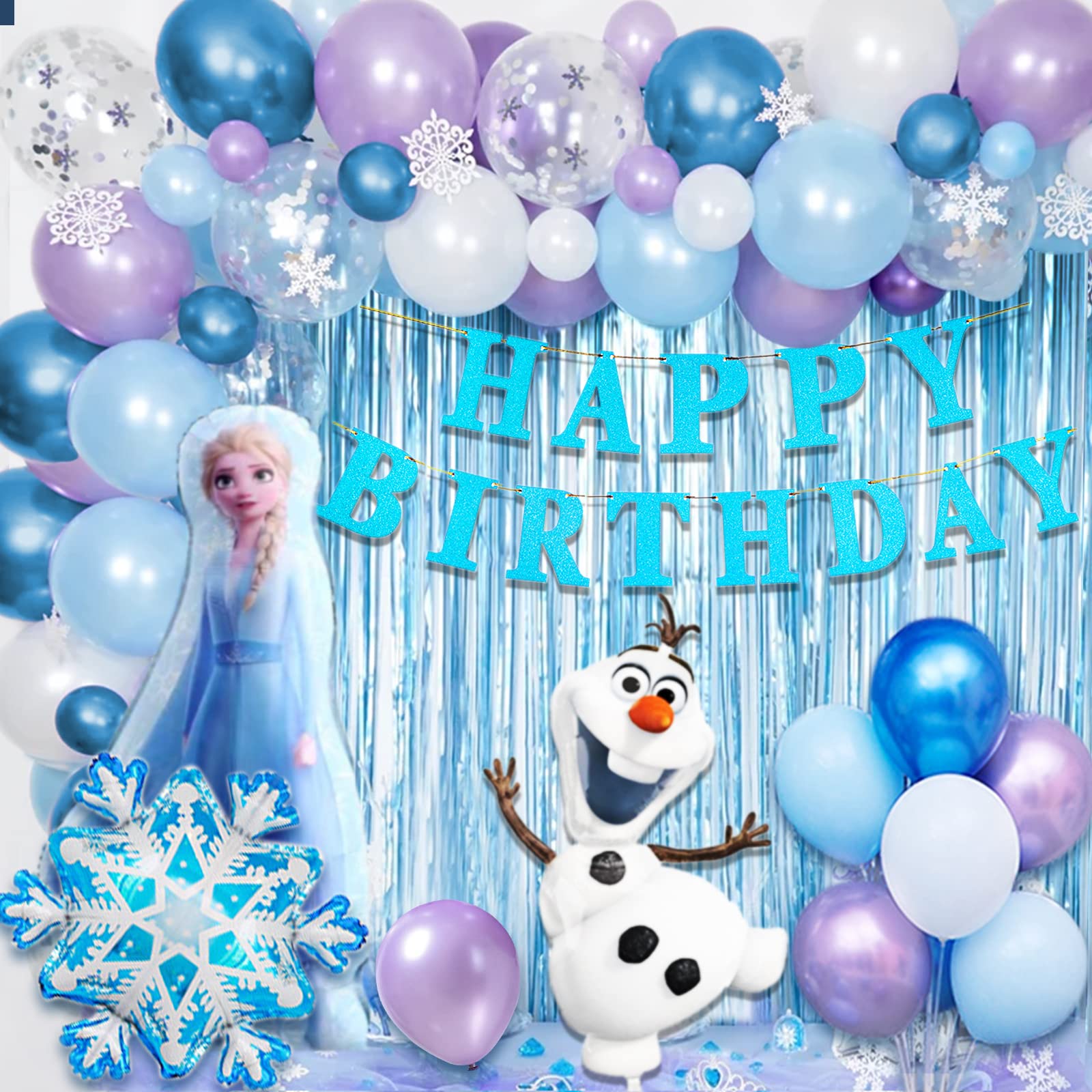 Frozen Birthday Decorations, Frozen Birthday Party Supplies Balloons Party Decoration, Princess Happy Birthday Decoration with Snowflakes Confetti Balloons Frozen Banner Frozen Foil Balloons for Girl