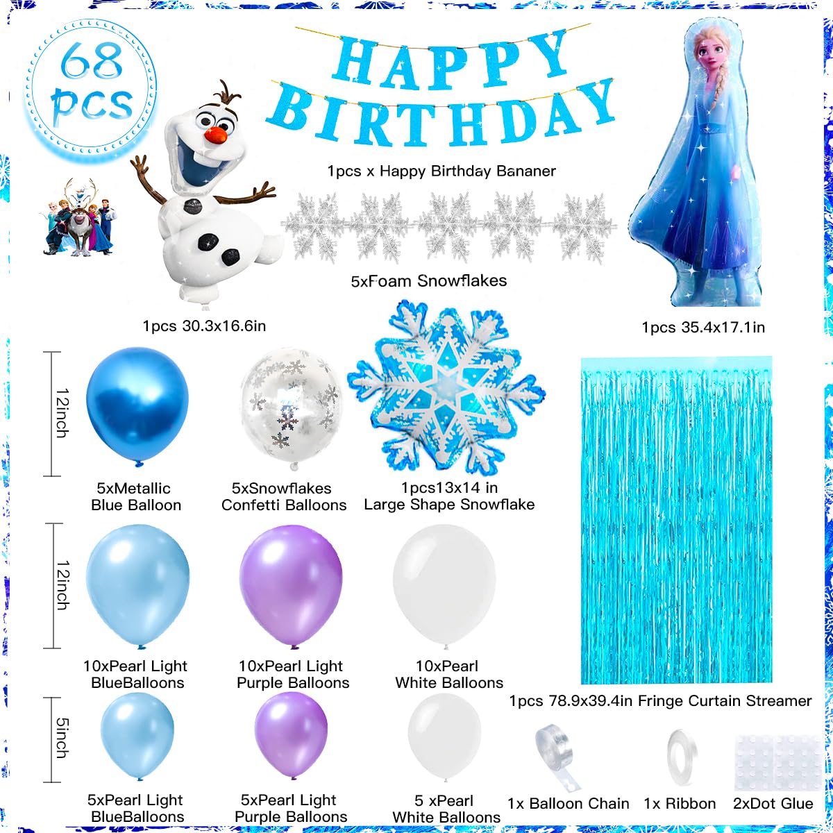 Frozen Birthday Decorations, Frozen Birthday Party Supplies Balloons Party Decoration, Princess Happy Birthday Decoration with Snowflakes Confetti Balloons Frozen Banner Frozen Foil Balloons for Girl