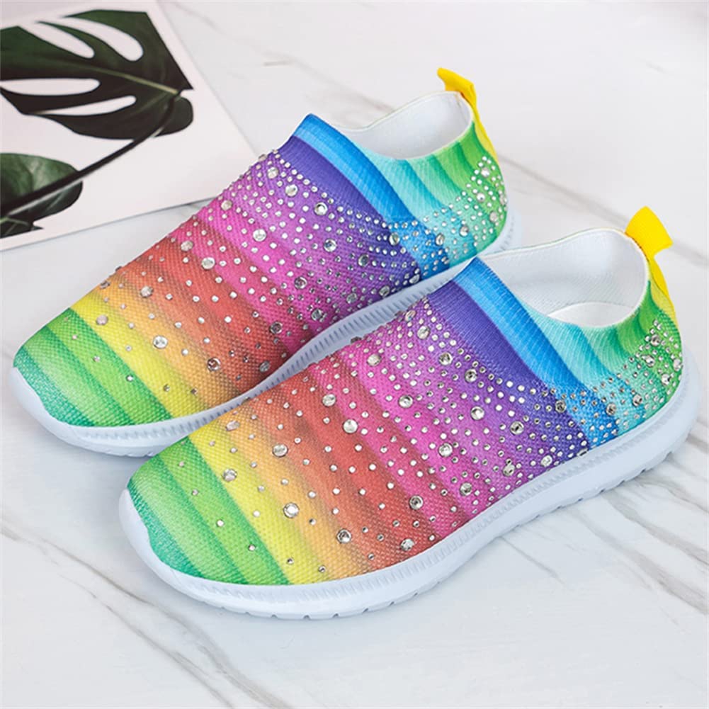 Women's Crystal Breathable Orthopedic Slip on Walking Shoes Sparkly Sneakers, Womens Mesh Orthopedic Walking Shoes Slip Resistant Slip on Tennis Sock Sneakers (5,Rainbow)