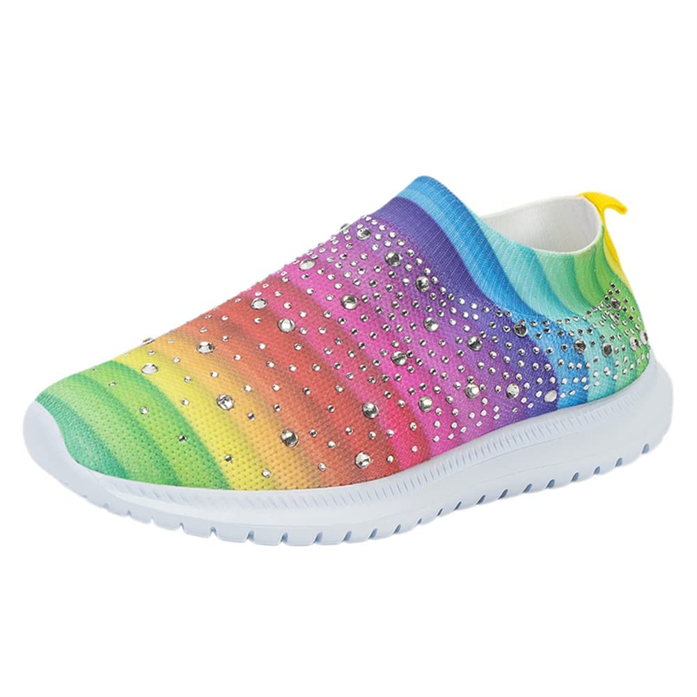 Women's Crystal Breathable Orthopedic Slip on Walking Shoes Sparkly Sneakers, Womens Mesh Orthopedic Walking Shoes Slip Resistant Slip on Tennis Sock Sneakers (5,Rainbow)