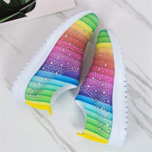 Women's Crystal Breathable Orthopedic Slip on Walking Shoes Sparkly Sneakers, Womens Mesh Orthopedic Walking Shoes Slip Resistant Slip on Tennis Sock Sneakers (5,Rainbow)