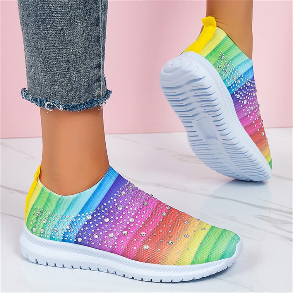 Women's Crystal Breathable Orthopedic Slip on Walking Shoes Sparkly Sneakers, Womens Mesh Orthopedic Walking Shoes Slip Resistant Slip on Tennis Sock Sneakers (5,Rainbow)