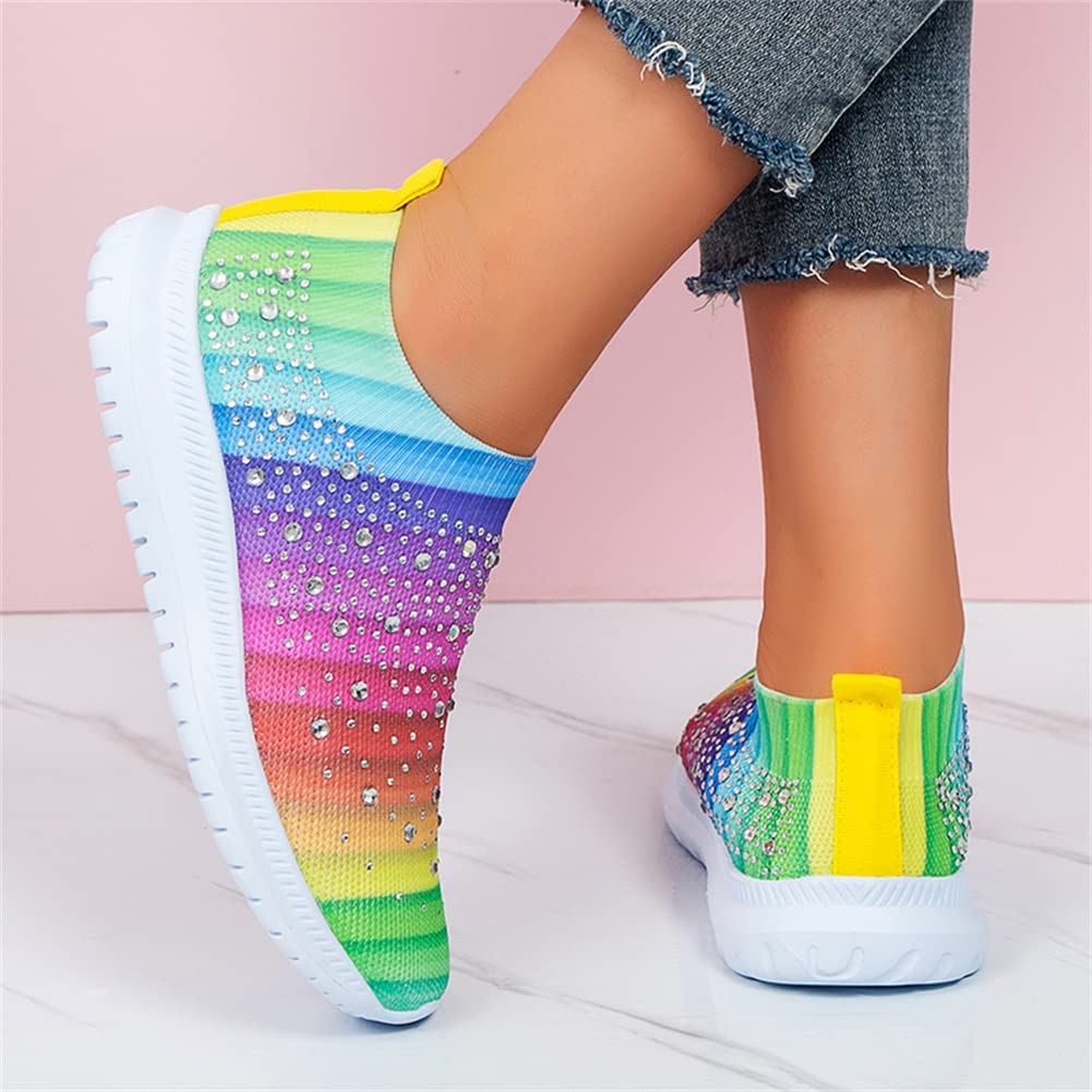 Women's Crystal Breathable Orthopedic Slip on Walking Shoes Sparkly Sneakers, Womens Mesh Orthopedic Walking Shoes Slip Resistant Slip on Tennis Sock Sneakers (5,Rainbow)