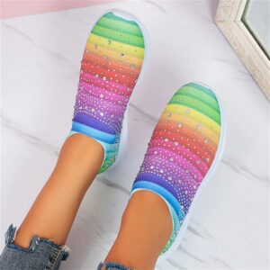 Women's Crystal Breathable Orthopedic Slip on Walking Shoes Sparkly Sneakers, Womens Mesh Orthopedic Walking Shoes Slip Resistant Slip on Tennis Sock Sneakers (5,Rainbow)