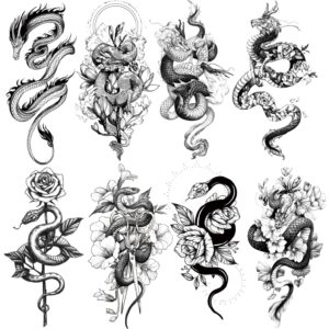 oottati 8 sheets waterproof arm leg fake temporary tattoo dragon snake cross rose flower