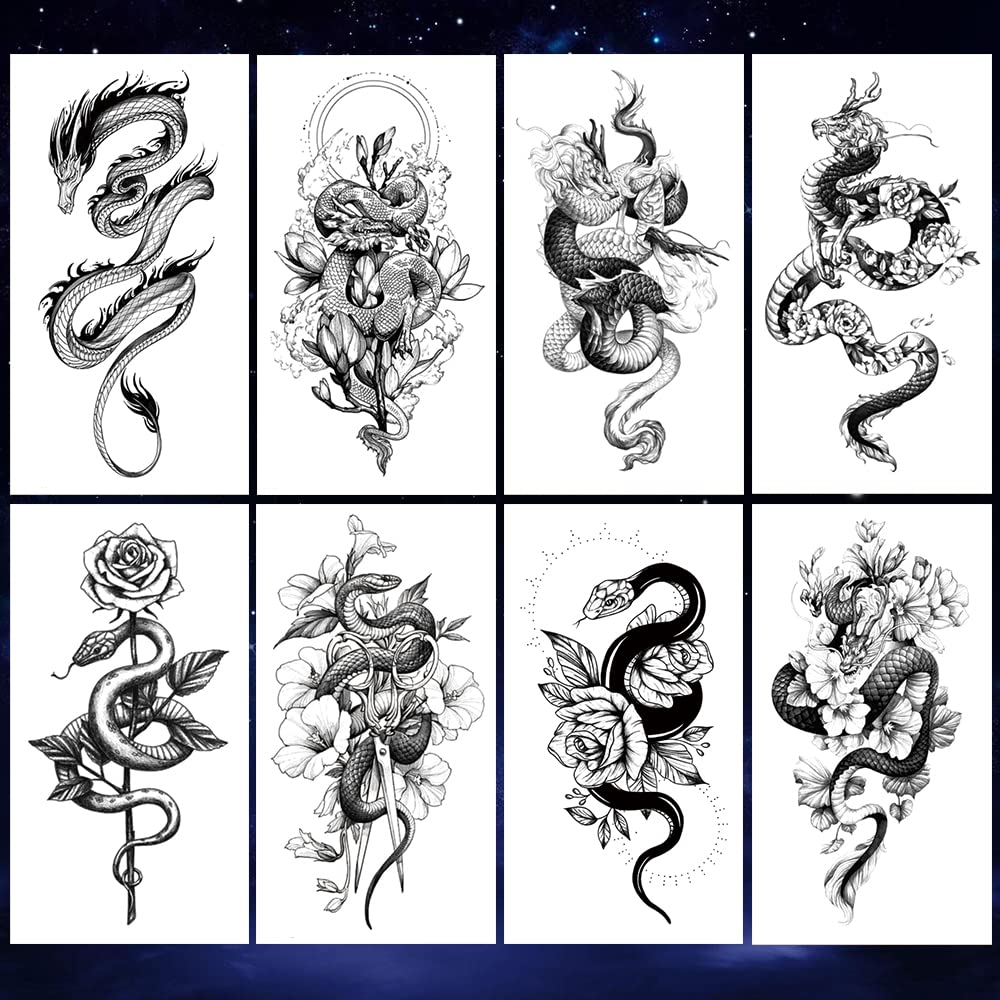 Oottati 8 Sheets Waterproof Arm Leg Fake Temporary Tattoo Dragon Snake Cross Rose Flower