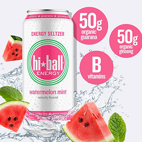 Hiball Energy Seltzer Water, Caffeinated Sparkling Water Made with Vitamin B12 and Vitamin B6, Sugar Free (4 pack of 12 Fl Oz), Watermelon Mint