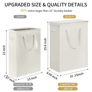 Chrislley 60L Slim Laundry Hamper with Lid Narrow Laundry Basket with Handle Upgrade Foldable Dirty Clothes Hamper Portable Skinny Hamper Organizer Storage Bins (25.6 inches,beige)