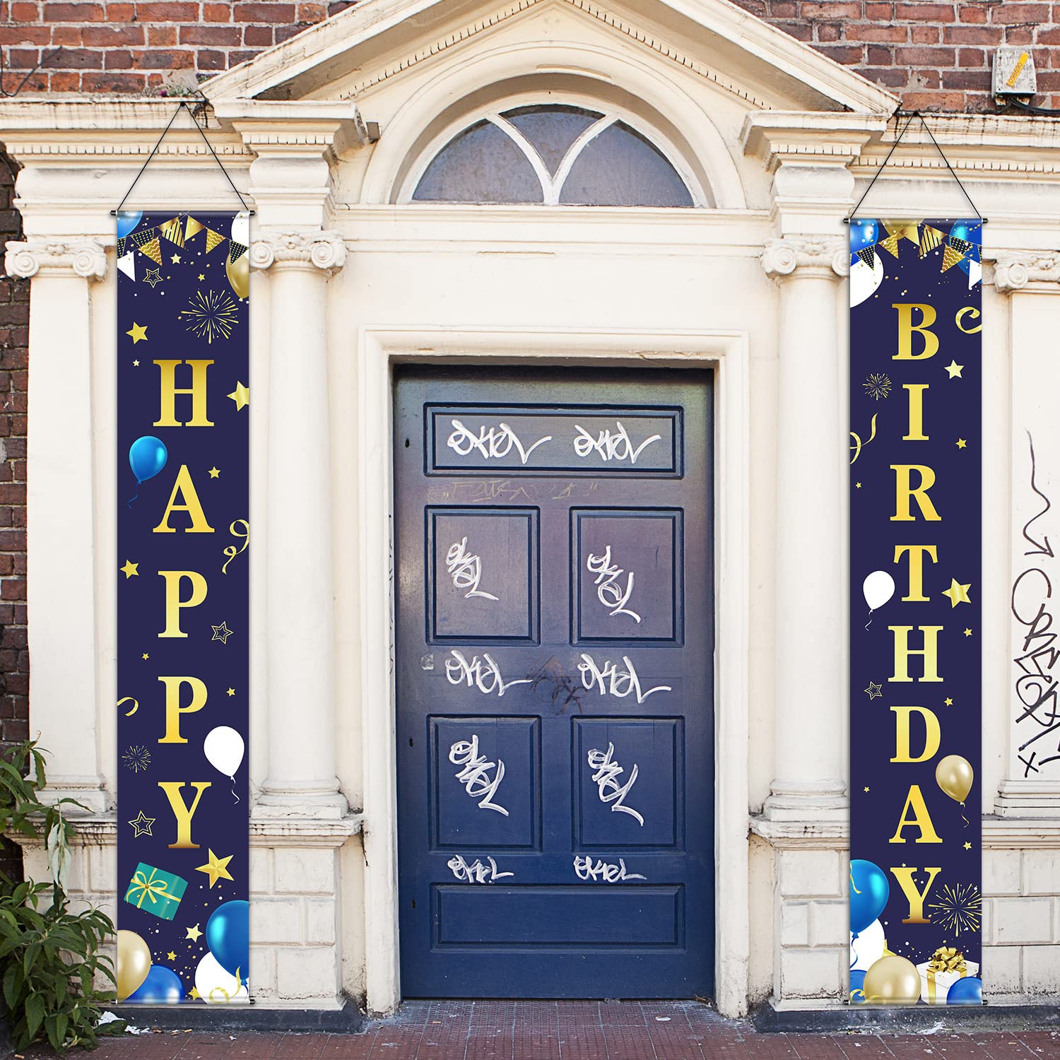 Frienda Happy Birthday Door Banner Navy Blue and Gold Birthday Decorations Birthday Backdrop for Men Boy Happy Birthday Porch Sign Party Supplies for 15th 18th Birthday Decor