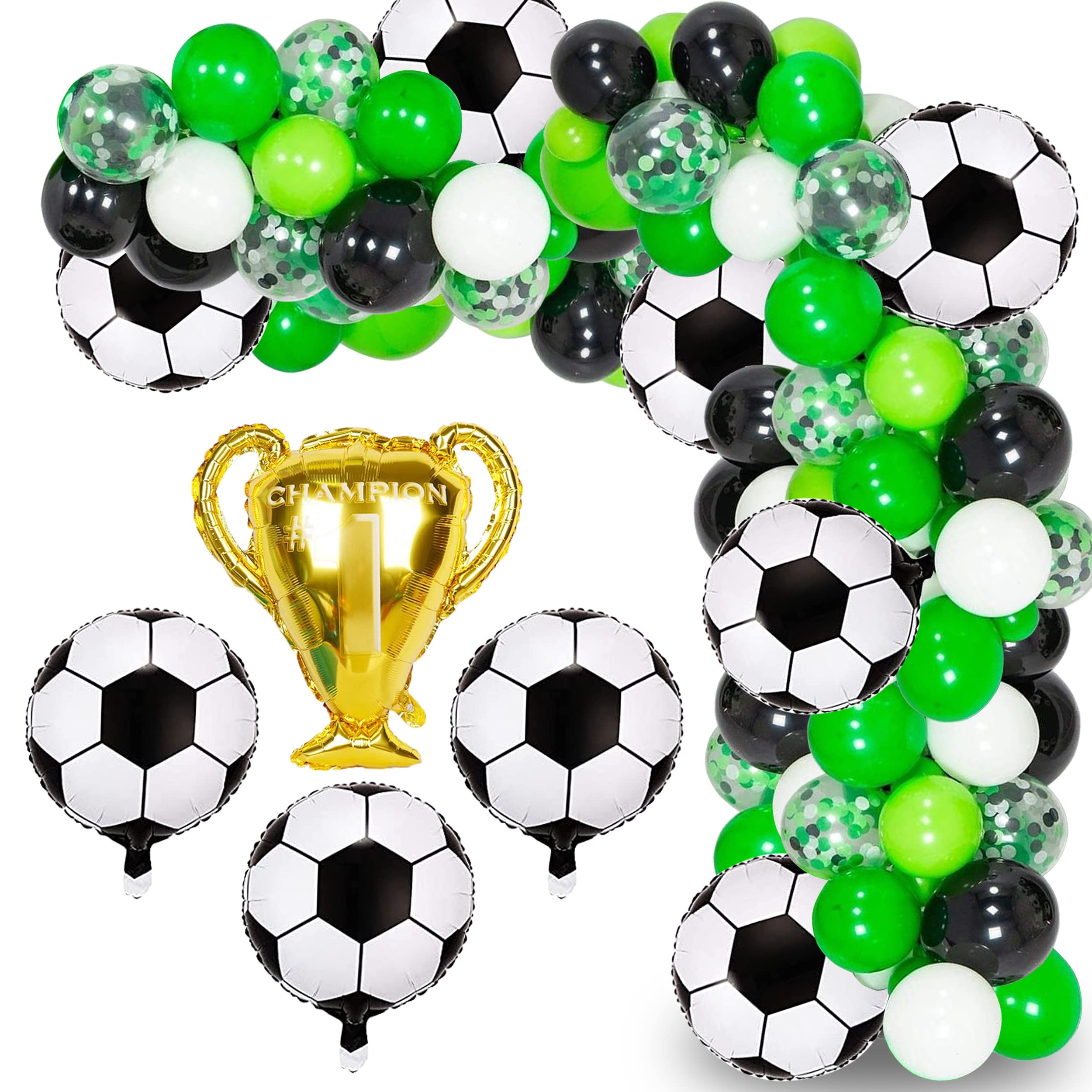 Soccer Party Balloon Garland Arch Kit, 111 Pcs Green White Black Confetti Balloons with Soccer Champion Cup Mylar Foil Balloons for Soccer Theme Party Decorations