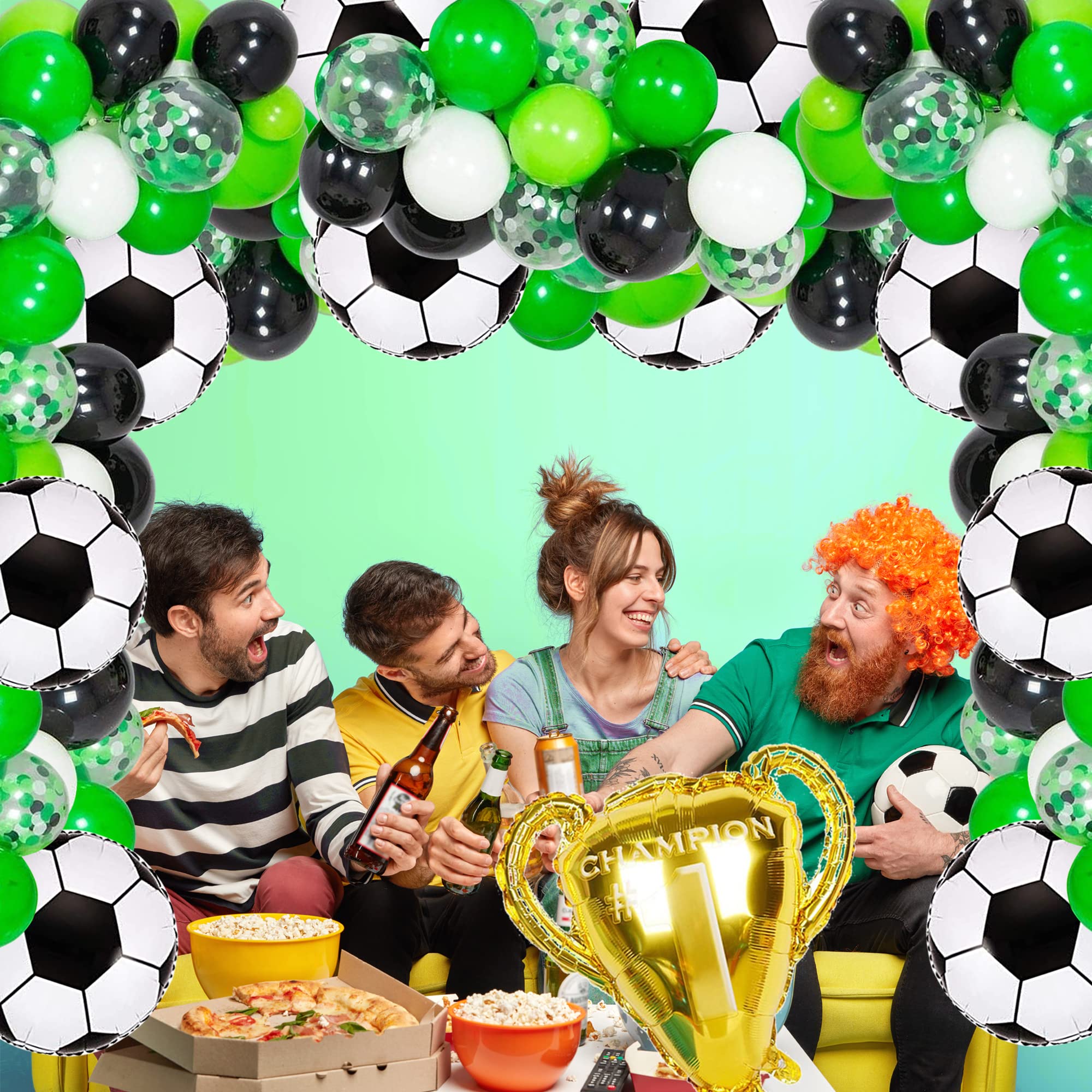 Soccer Party Balloon Garland Arch Kit, 111 Pcs Green White Black Confetti Balloons with Soccer Champion Cup Mylar Foil Balloons for Soccer Theme Party Decorations