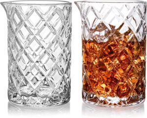 tebery 2 pack crystal cocktail mixing glass, 22oz thick bottom seamless bar mixing pitcher, professional quality