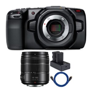 blackmagic design pocket cinema camera 4k bundle with 14-140mm lens, batteries and cable (4 items)