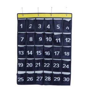 tyenaza 30 pockets wall hanging storage bag, numbered pockets classroom calculator holder & phone pockets chart organizer hanging door (navy blue)