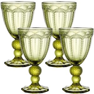 elsjoy set of 4 vintage green wine glass, 8.5 oz embossed glass goblet colored stemmed drinking glassware, beverage stemware for juice, cocktail, party wedding