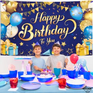 KatchOn, Happy Birthday Banner Blue and Gold - XtraLarge, 72x44 Inch | Happy Birthday Backdrop for Happy Birthday Decorations | Happy Birthday Banner for Boys | Birthday Party Decorations for Men