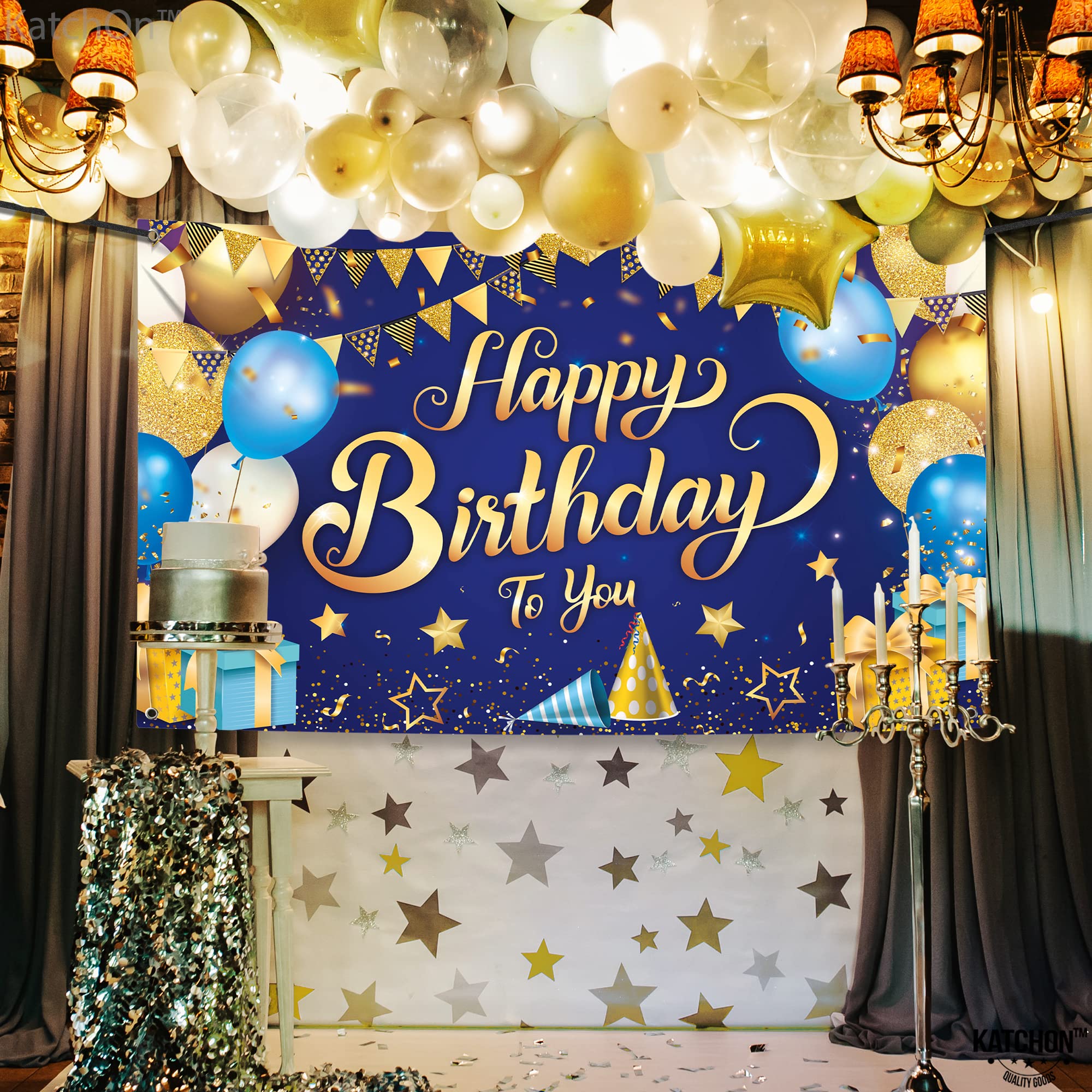 KatchOn, Happy Birthday Banner Blue and Gold - XtraLarge, 72x44 Inch | Happy Birthday Backdrop for Happy Birthday Decorations | Happy Birthday Banner for Boys | Birthday Party Decorations for Men