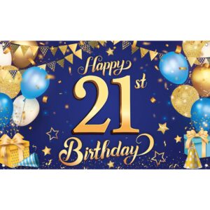 katchon, blue and gold happy 21st birthday banner - xtralarge, 72x44 inch | 21st birthday decorations for him blue and gold | happy 21st birthday backdrop, cheers to 21 years old birthday decorations