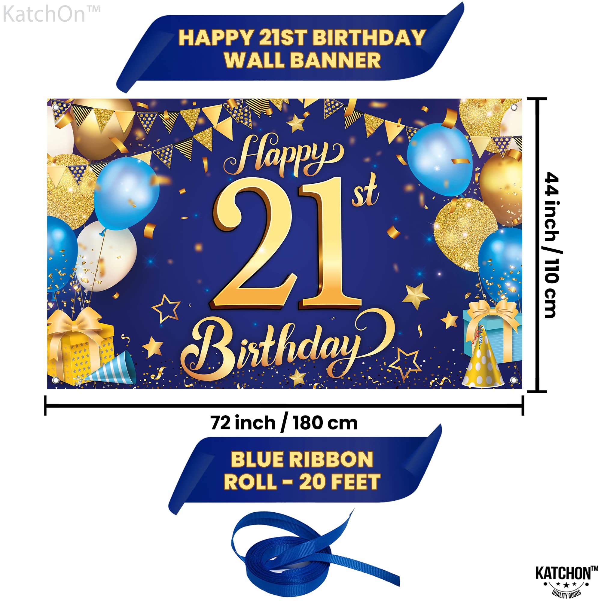 KatchOn, Blue and Gold Happy 21st Birthday Banner - XtraLarge, 72x44 Inch | 21st Birthday Decorations for Him Blue and Gold | Happy 21st Birthday Backdrop, Cheers to 21 Years Old Birthday Decorations