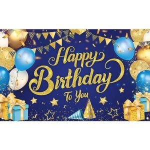 katchon, happy birthday banner blue and gold - xtralarge, 72x44 inch | happy birthday backdrop for boys | birthday decorations for women | happy birthday men decorations | birthday banners for men