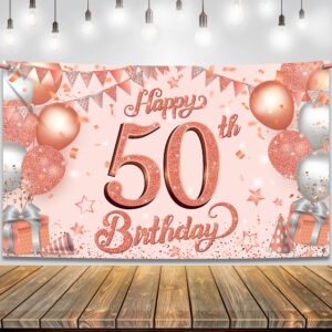 katchon, xtralarge happy 50th birthday banner - 72 x 44 inch, rose gold happy birthday banner | 50th birthday banner for women | 50 year old birthday | pink 50th happy birthday decorations for women