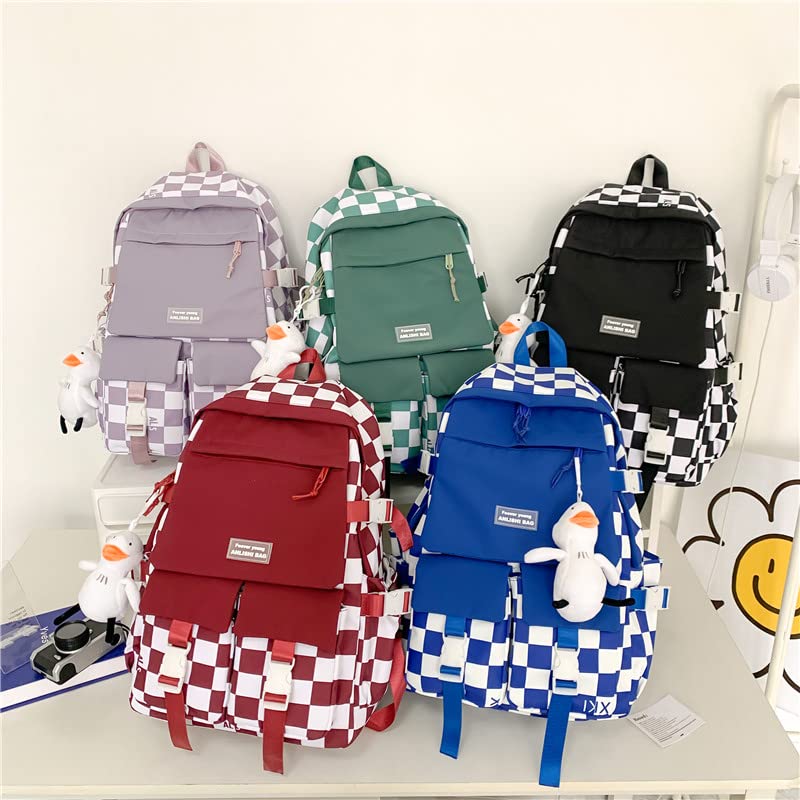 MEOKIM Kawaii backpack student schoolbag large-capacity backpack black and white plaid cute girls campus backpack(Red)