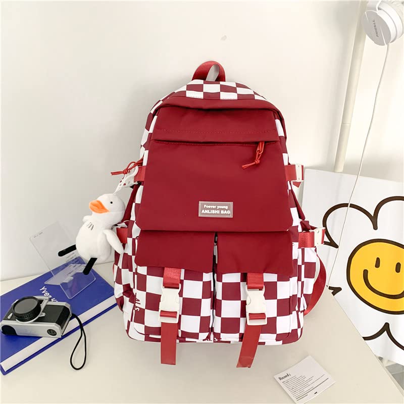 MEOKIM Kawaii backpack student schoolbag large-capacity backpack black and white plaid cute girls campus backpack(Red)