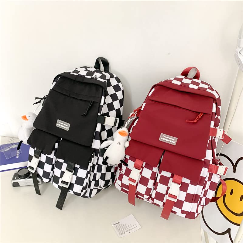 MEOKIM Kawaii backpack student schoolbag large-capacity backpack black and white plaid cute girls campus backpack(Red)