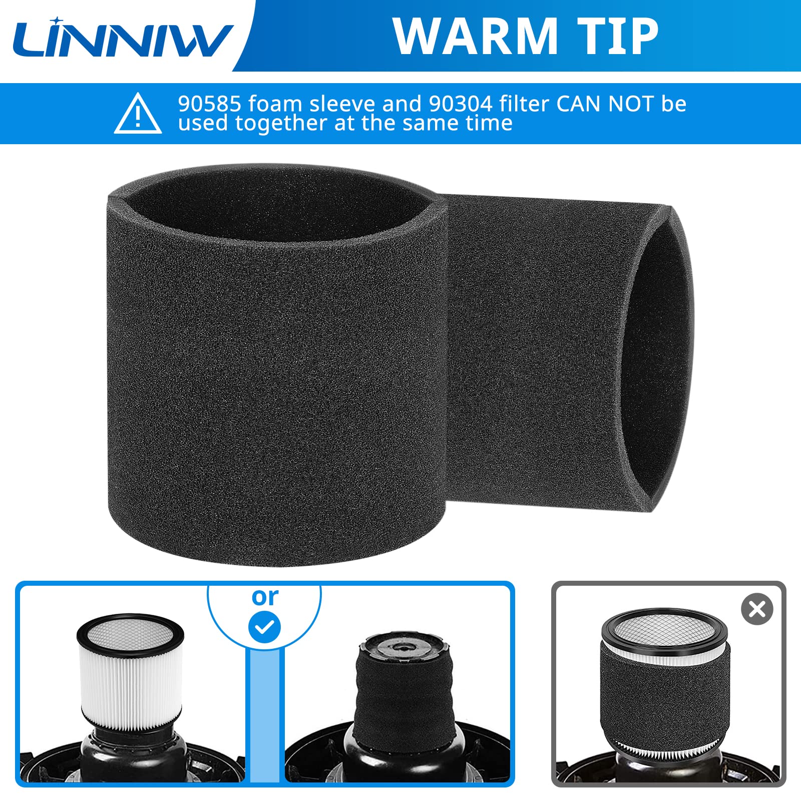 3 Pack 90585 Foam Sleeve VF2001 Foam Replacements Filters Compatible with Most Shop-Vac Wet/Dry Vacuum Cleaners 5 Gallon and Above, Vacmaster & Genie Shop Vacuum Cleaner, Replace Parts # 9058500