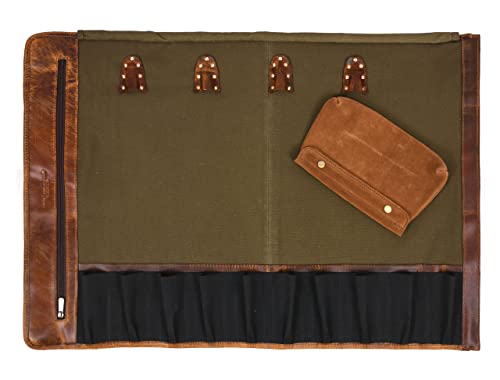 Leather Canvas Knife Roll Storage Bag Expandable 10 Pockets Detachable Shoulder Strap Travel-Friendly Chef Knife Case Roll By Aaron Leather Goods (Louisville, Canvas Leather)